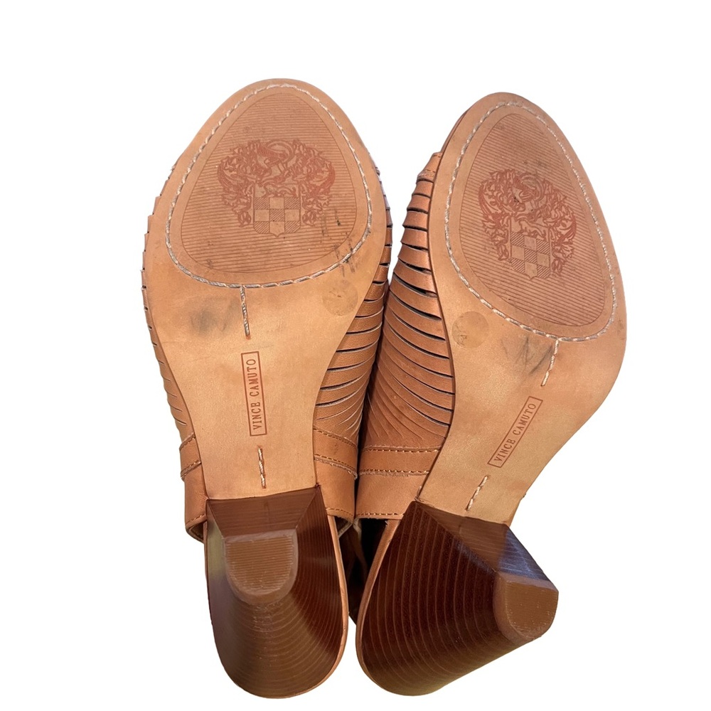 Vince Camuto Emore Brown Tan Leather Women Sz 6.5 Cage Heel Peep Booties EUC - Picture 9 of 9